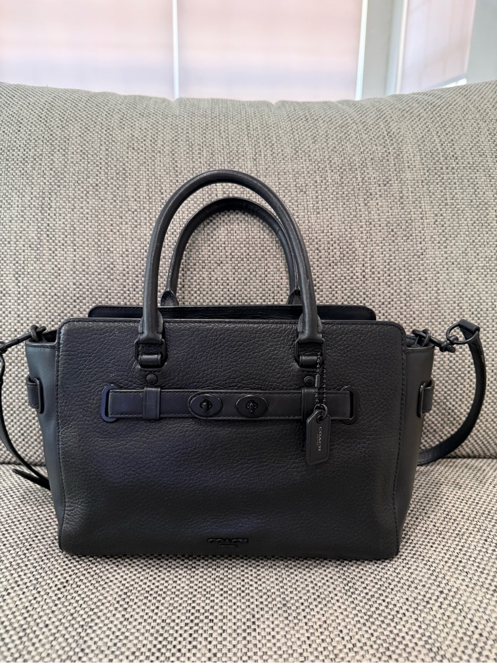 Coach Black Pebbled Leather Satchel with Top Handles and Crossbody Strap